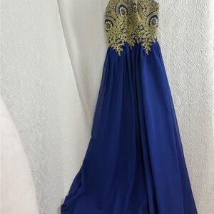 Elegant Blue and Gold Evening Gown